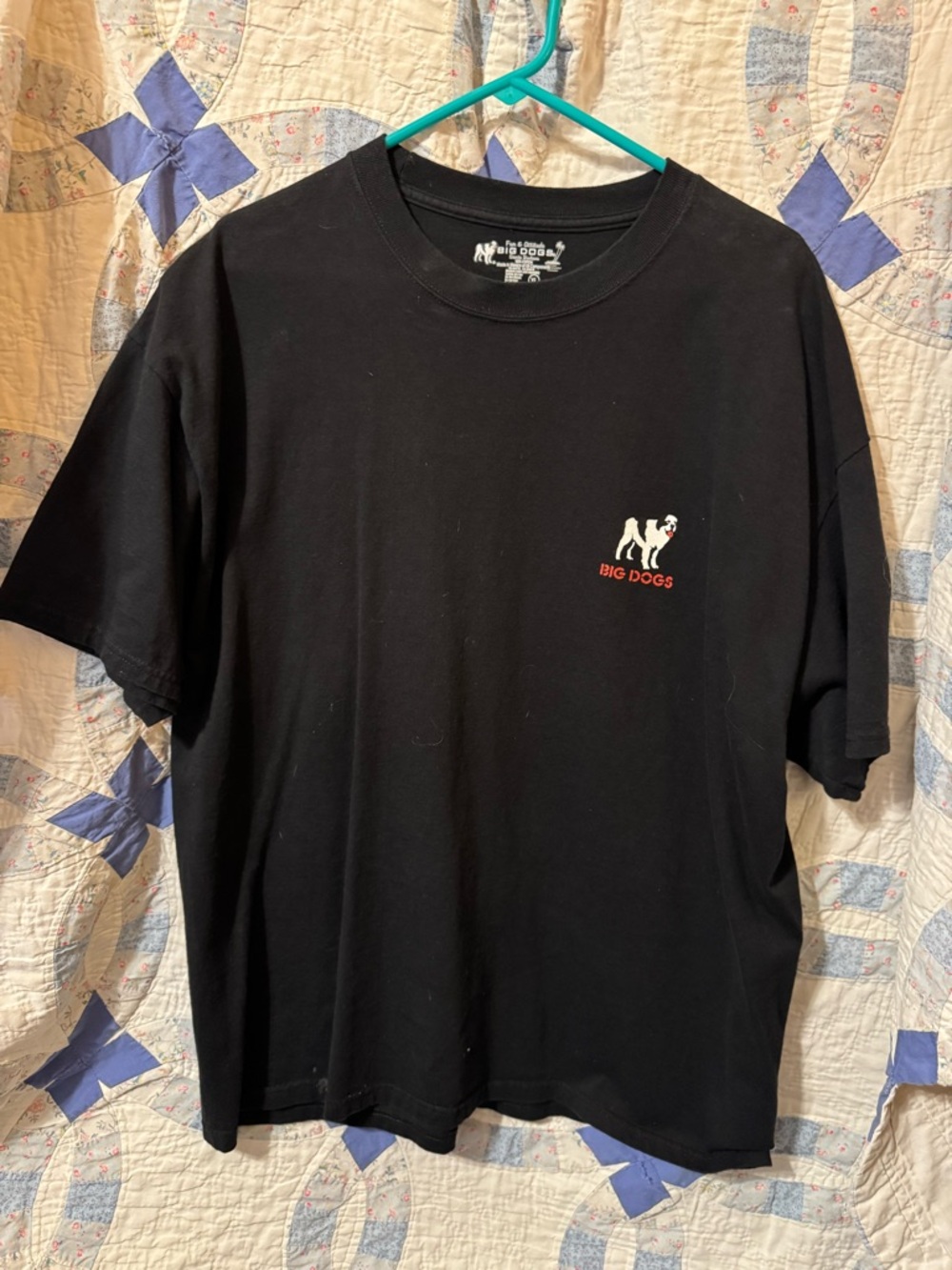 Big Dogs Black Short Sleeve Tee with Small White Dog Logo and Red Text